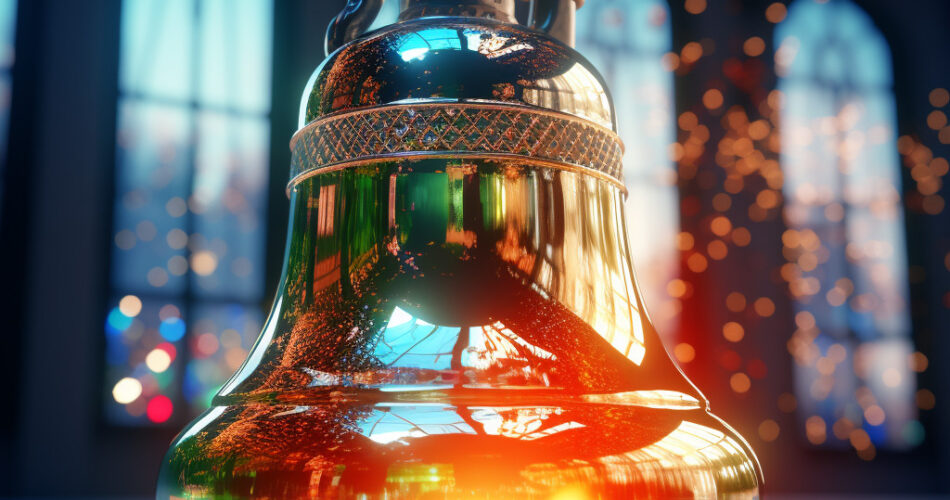 Image of a bell, lights and reflections.